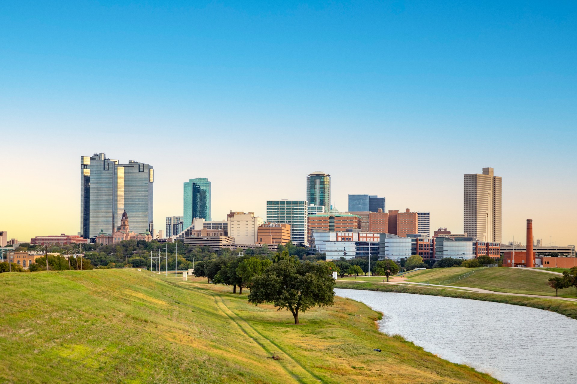 skyline of Fort worth seen from the river Trinity park, Texas